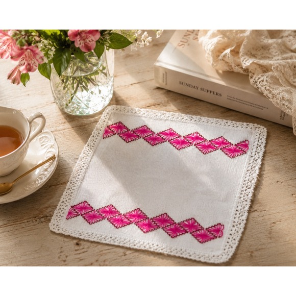 Handmade Other - Handmade Mexican Embroidered Table Linen Crochet Lace Pink Floral 16.5x18.5